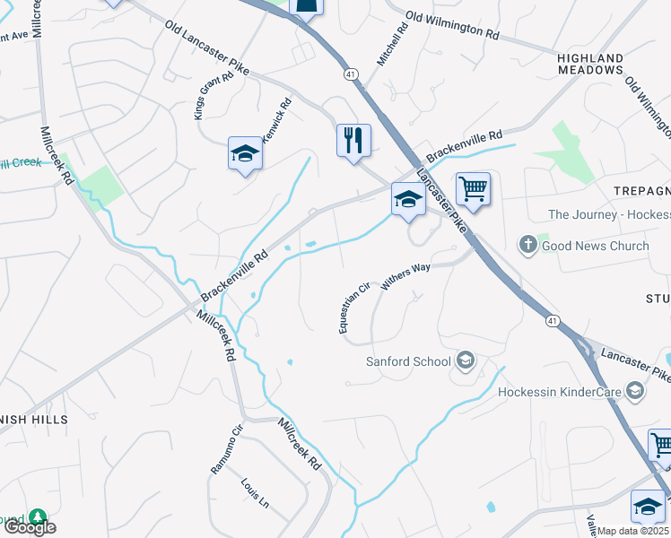 map of restaurants, bars, coffee shops, grocery stores, and more near 230 Tree Top Lane in Hockessin