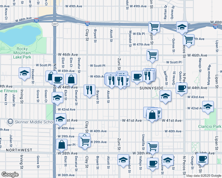 map of restaurants, bars, coffee shops, grocery stores, and more near 2440 West 44th Avenue in Denver