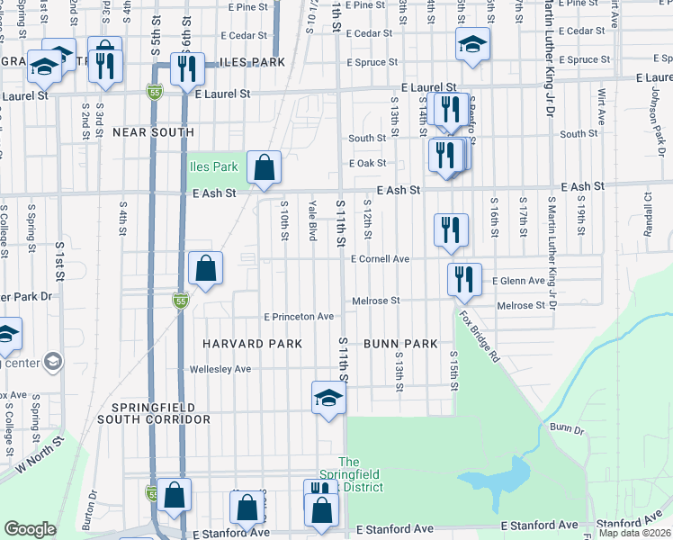 map of restaurants, bars, coffee shops, grocery stores, and more near 2213 South 11th Street in Springfield