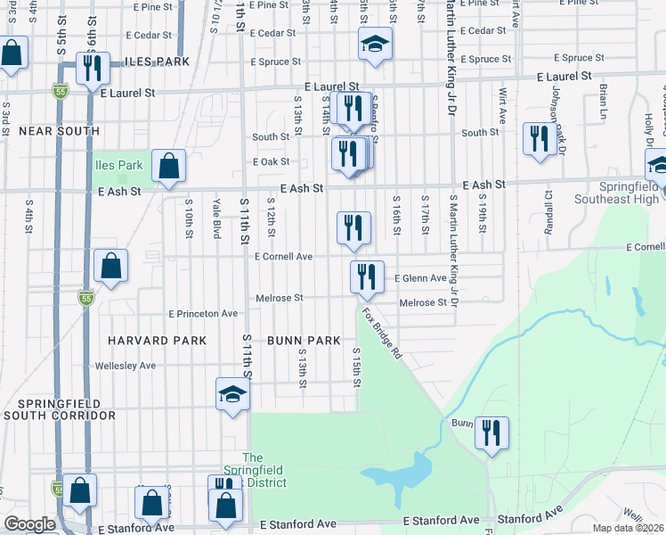 map of restaurants, bars, coffee shops, grocery stores, and more near 2173 South 14th Street in Springfield
