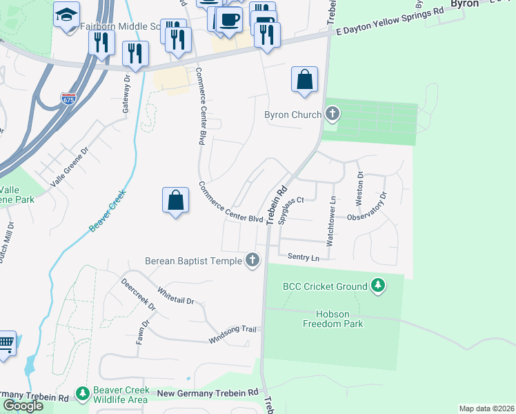map of restaurants, bars, coffee shops, grocery stores, and more near 2335 Pinnacle Court in Fairborn