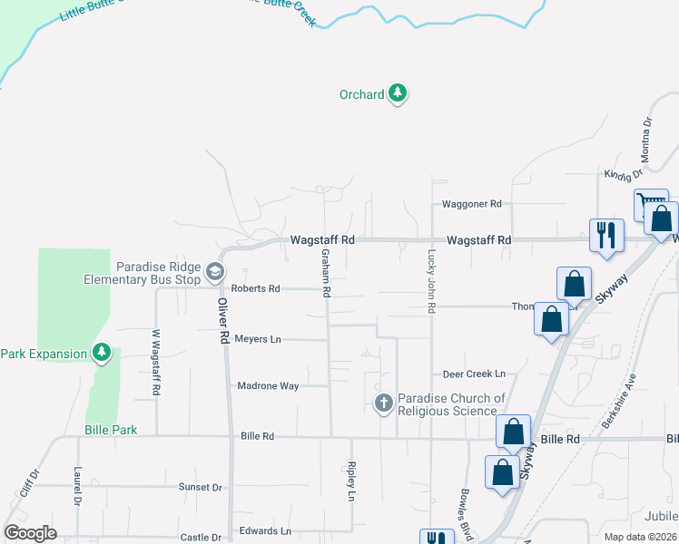 map of restaurants, bars, coffee shops, grocery stores, and more near 6386 Graham Road in Paradise