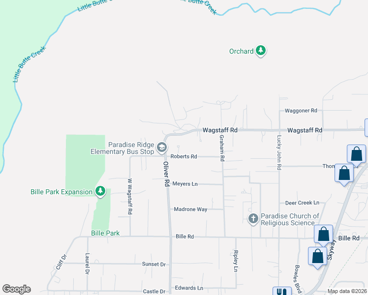 map of restaurants, bars, coffee shops, grocery stores, and more near 689 Roberts Road in Paradise