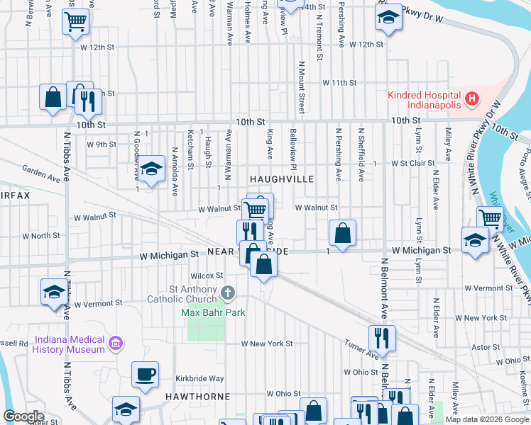 map of restaurants, bars, coffee shops, grocery stores, and more near 713 King Avenue in Indianapolis