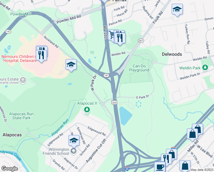 map of restaurants, bars, coffee shops, grocery stores, and more near 1914 West Park Drive in Wilmington