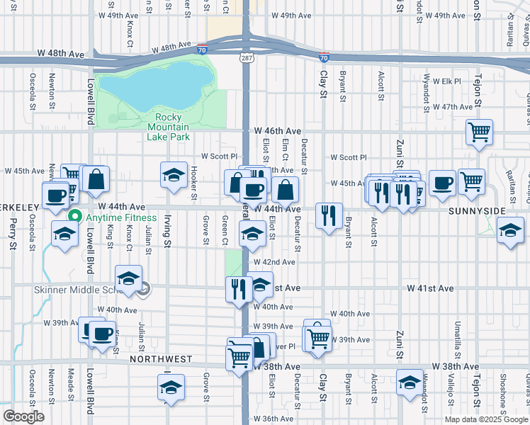 map of restaurants, bars, coffee shops, grocery stores, and more near 2895 West 44th Avenue in Denver