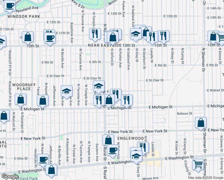 map of restaurants, bars, coffee shops, grocery stores, and more near 2884 East North Street in Indianapolis