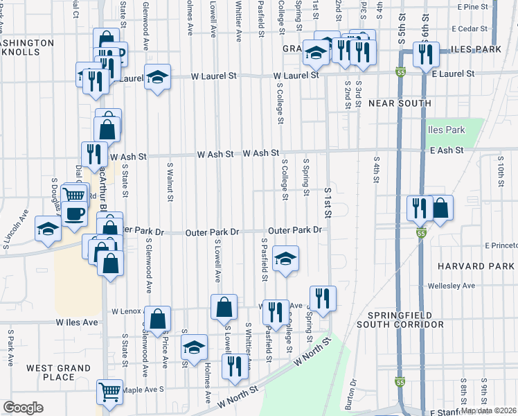 map of restaurants, bars, coffee shops, grocery stores, and more near 2221 South Pasfield Street in Springfield