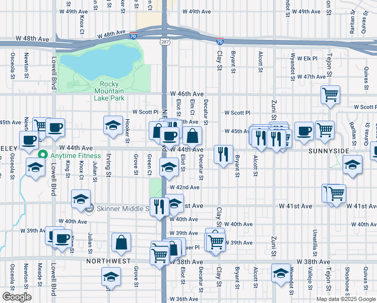 map of restaurants, bars, coffee shops, grocery stores, and more near 4430 Elm Court in Denver
