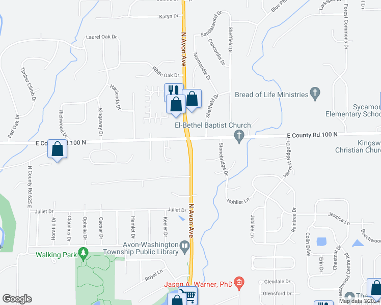 map of restaurants, bars, coffee shops, grocery stores, and more near 936 Highway 267 in Avon