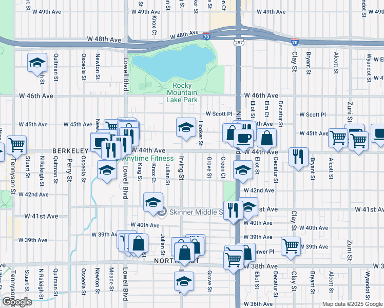 map of restaurants, bars, coffee shops, grocery stores, and more near 4405 Hooker Street in Denver