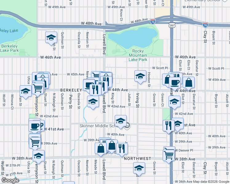 map of restaurants, bars, coffee shops, grocery stores, and more near 3465 West 44th Avenue in Denver