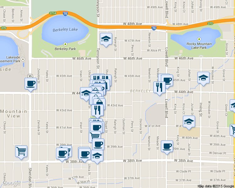 map of restaurants, bars, coffee shops, grocery stores, and more near 4421 Raleigh Street in Denver