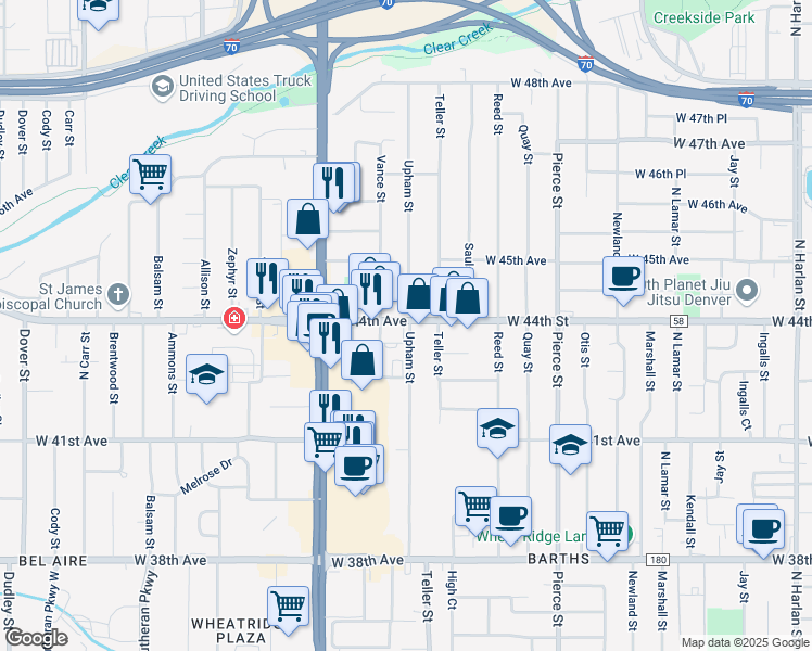 map of restaurants, bars, coffee shops, grocery stores, and more near 7301 West 44th Avenue in Wheat Ridge