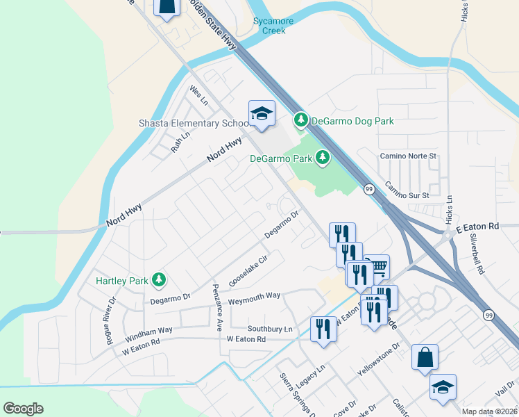 map of restaurants, bars, coffee shops, grocery stores, and more near 3349 Bodero Lane in Chico
