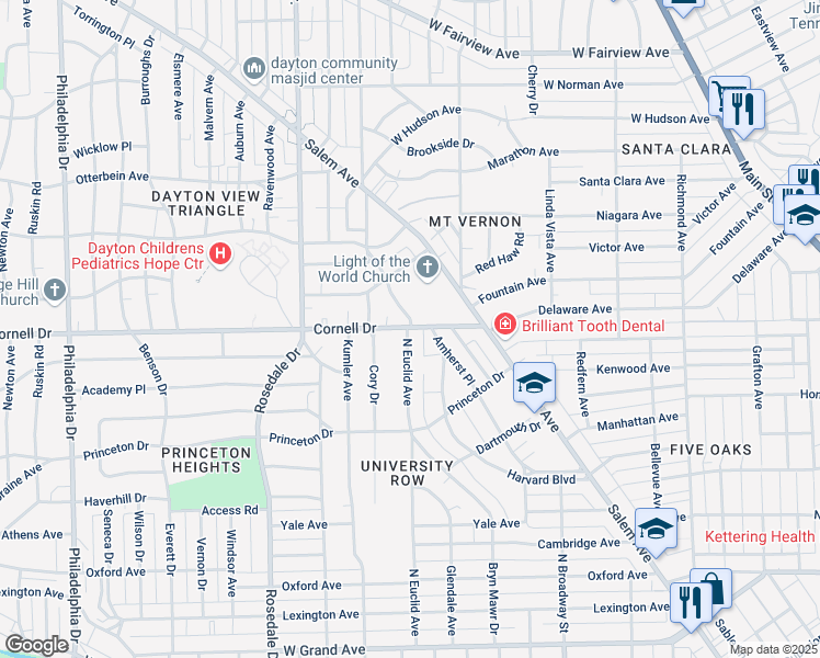 map of restaurants, bars, coffee shops, grocery stores, and more near 855 Cornell Drive in Dayton