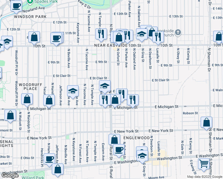 map of restaurants, bars, coffee shops, grocery stores, and more near 629 North Rural Street in Indianapolis
