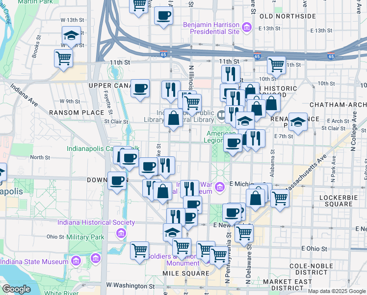 map of restaurants, bars, coffee shops, grocery stores, and more near 702 North Illinois Street in Indianapolis