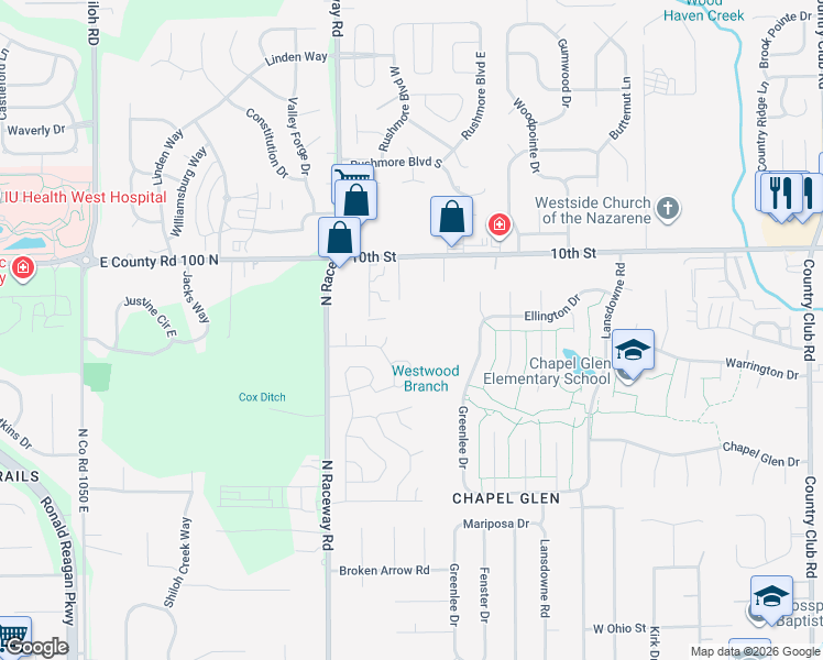 map of restaurants, bars, coffee shops, grocery stores, and more near 833 Winding Brook East Drive in Indianapolis