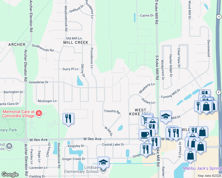 map of restaurants, bars, coffee shops, grocery stores, and more near Greenbriar Road in Springfield