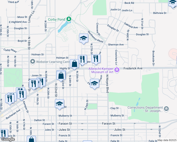 map of restaurants, bars, coffee shops, grocery stores, and more near 2625 Frederick Avenue in Saint Joseph