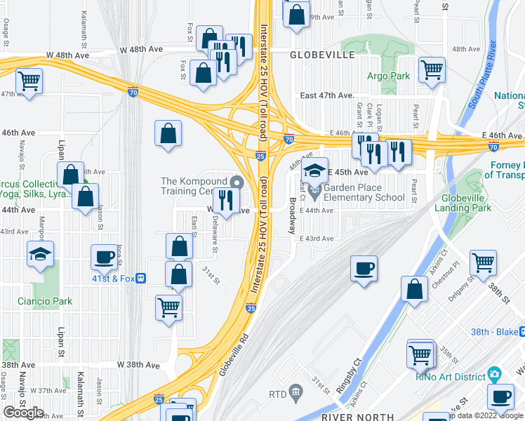 map of restaurants, bars, coffee shops, grocery stores, and more near W 44th Ave in Denver