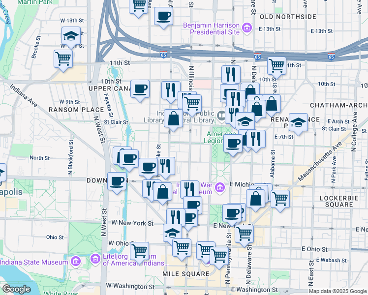 map of restaurants, bars, coffee shops, grocery stores, and more near 626 North Illinois Street in Indianapolis