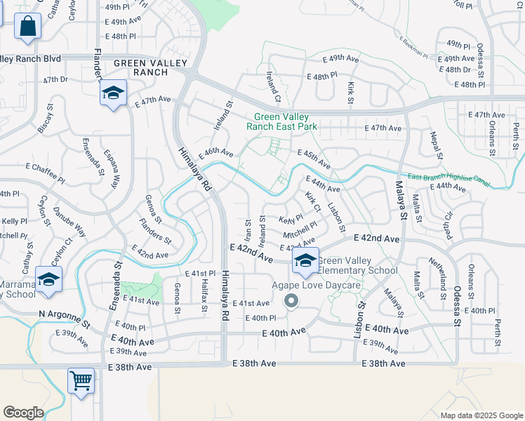 map of restaurants, bars, coffee shops, grocery stores, and more near Ireland Street in Denver