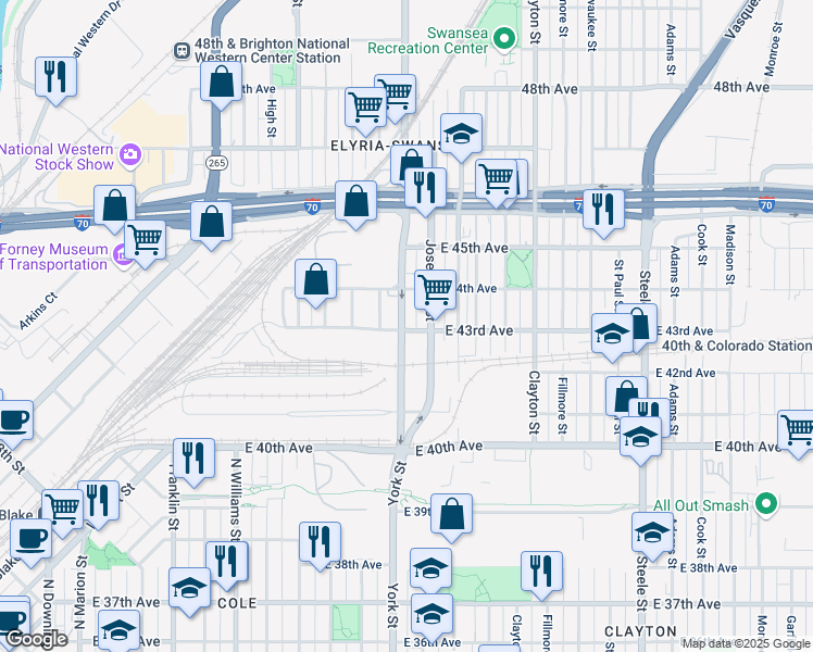 map of restaurants, bars, coffee shops, grocery stores, and more near 4328 York Street in Denver