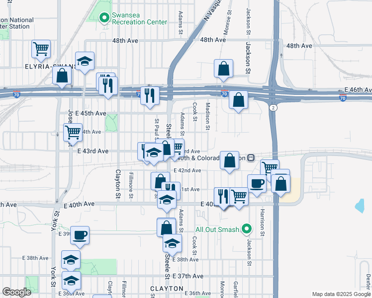 map of restaurants, bars, coffee shops, grocery stores, and more near 4325 Adams Street in Denver