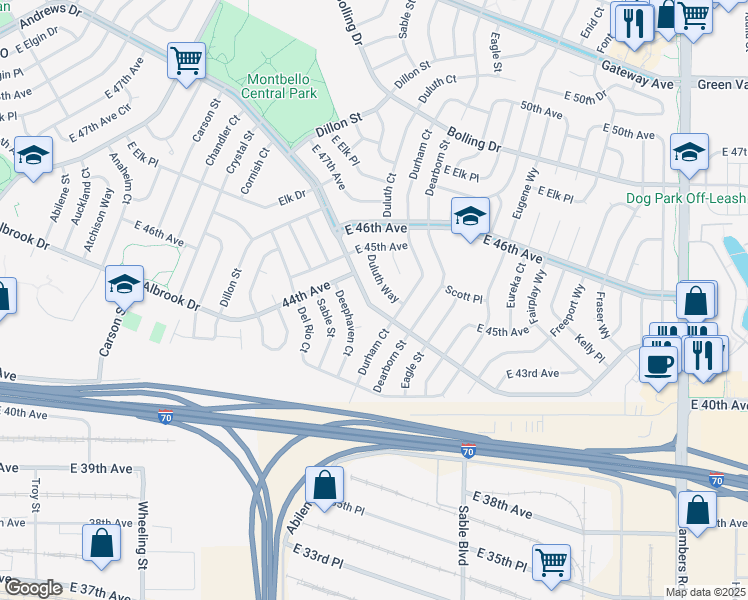 map of restaurants, bars, coffee shops, grocery stores, and more near 4457 Duluth Way in Denver