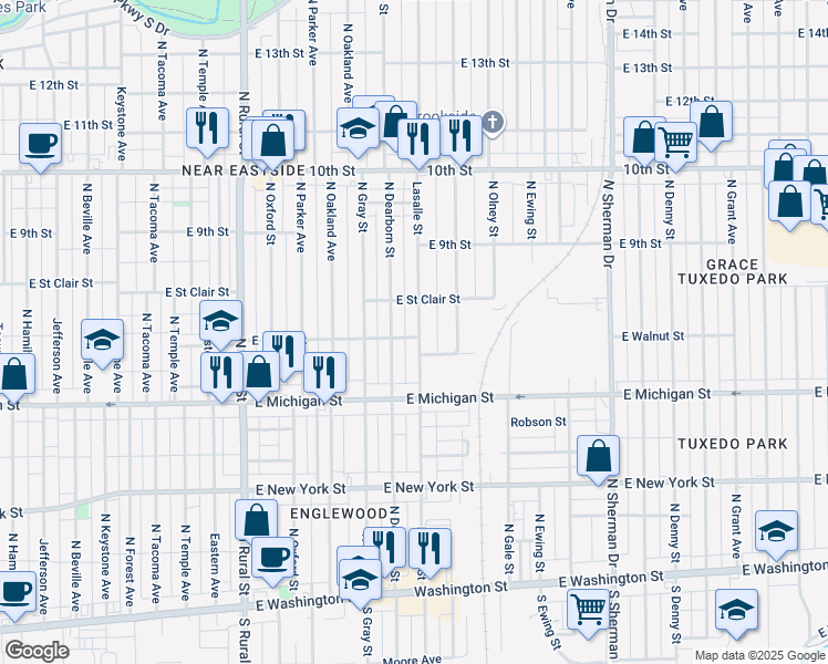 map of restaurants, bars, coffee shops, grocery stores, and more near 627 North Dearborn Street in Indianapolis