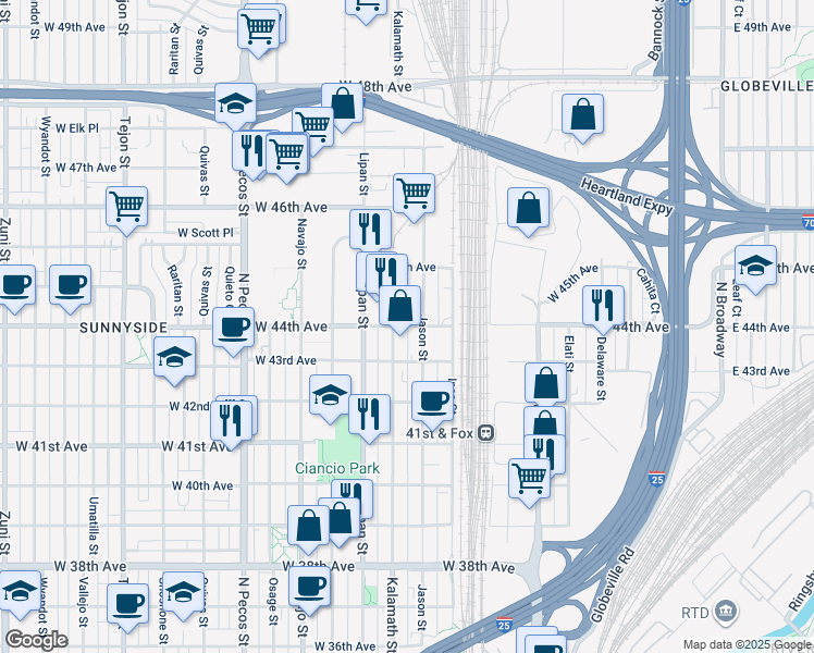 map of restaurants, bars, coffee shops, grocery stores, and more near 4459 Jason Street in Denver
