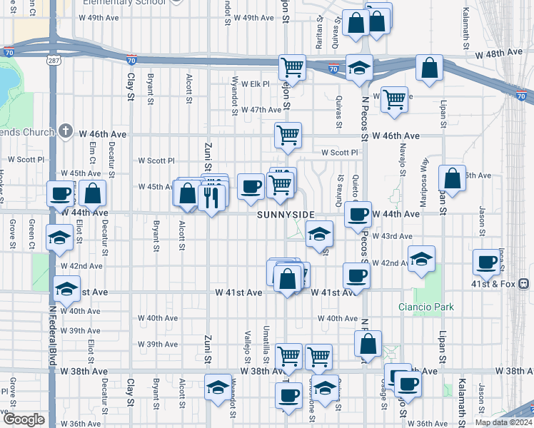 map of restaurants, bars, coffee shops, grocery stores, and more near West 44th Avenue & Umatilla Street in Denver