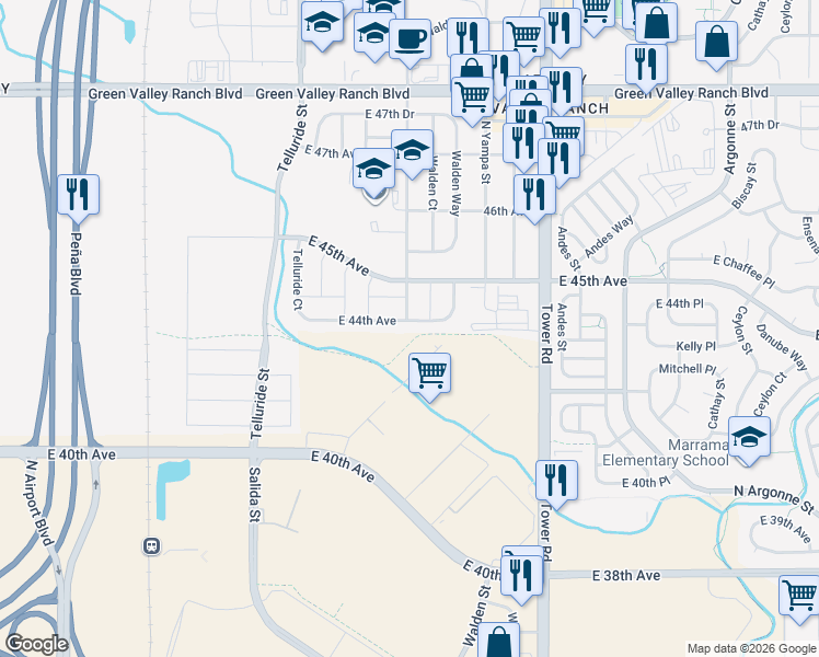 map of restaurants, bars, coffee shops, grocery stores, and more near 18159 East 44th Avenue in Denver