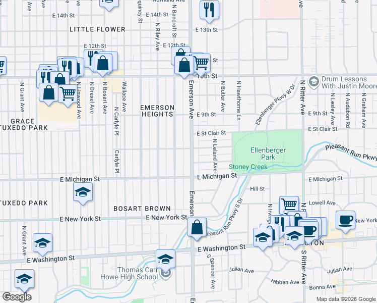 map of restaurants, bars, coffee shops, grocery stores, and more near 706 North Emerson Avenue in Indianapolis