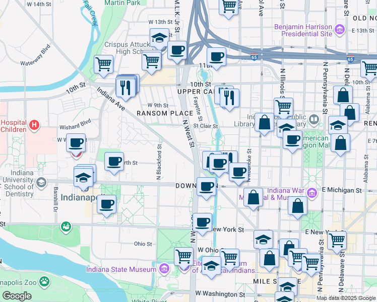 map of restaurants, bars, coffee shops, grocery stores, and more near 632 Doctor Martin Luther King Junior Street in Indianapolis