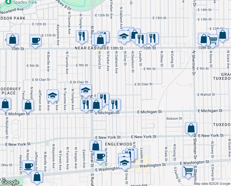 map of restaurants, bars, coffee shops, grocery stores, and more near 624 North Oakland Avenue in Indianapolis