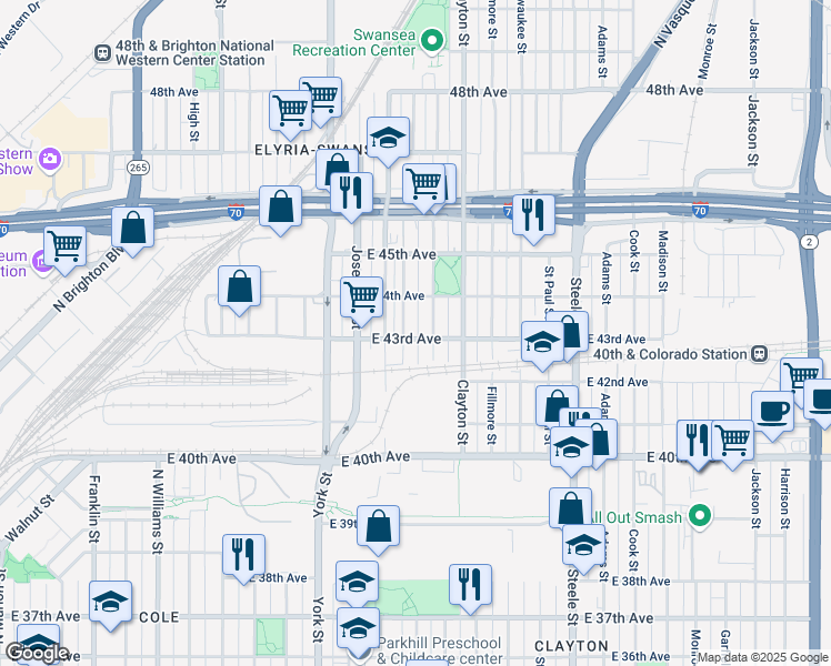 map of restaurants, bars, coffee shops, grocery stores, and more near 4345 Elizabeth Street in Denver
