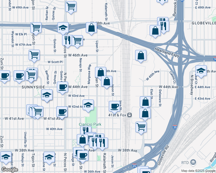 map of restaurants, bars, coffee shops, grocery stores, and more near 4459 Jason Street in Denver