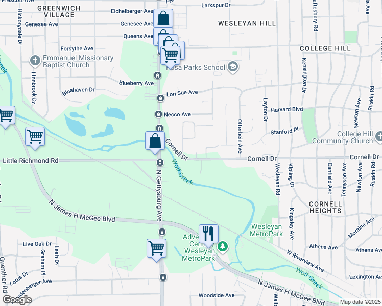 map of restaurants, bars, coffee shops, grocery stores, and more near 3966 Cornell Woods Drive West in Dayton