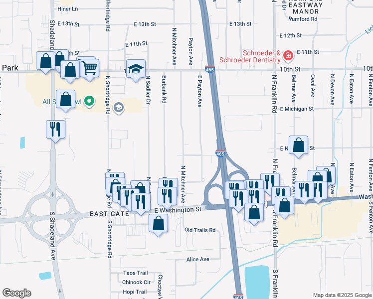 map of restaurants, bars, coffee shops, grocery stores, and more near 425 North Mitchner Avenue in Indianapolis