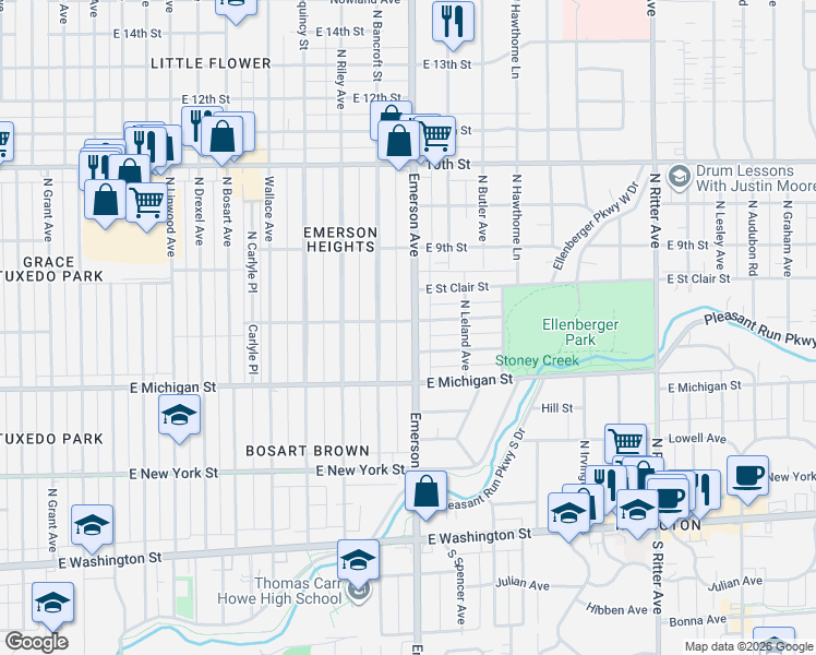 map of restaurants, bars, coffee shops, grocery stores, and more near 706 North Emerson Avenue in Indianapolis