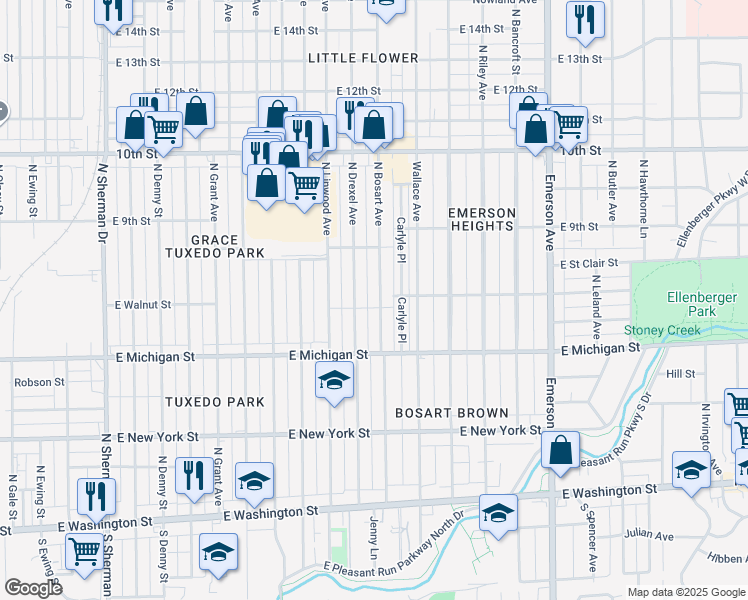 map of restaurants, bars, coffee shops, grocery stores, and more near 730 North Bosart Avenue in Indianapolis