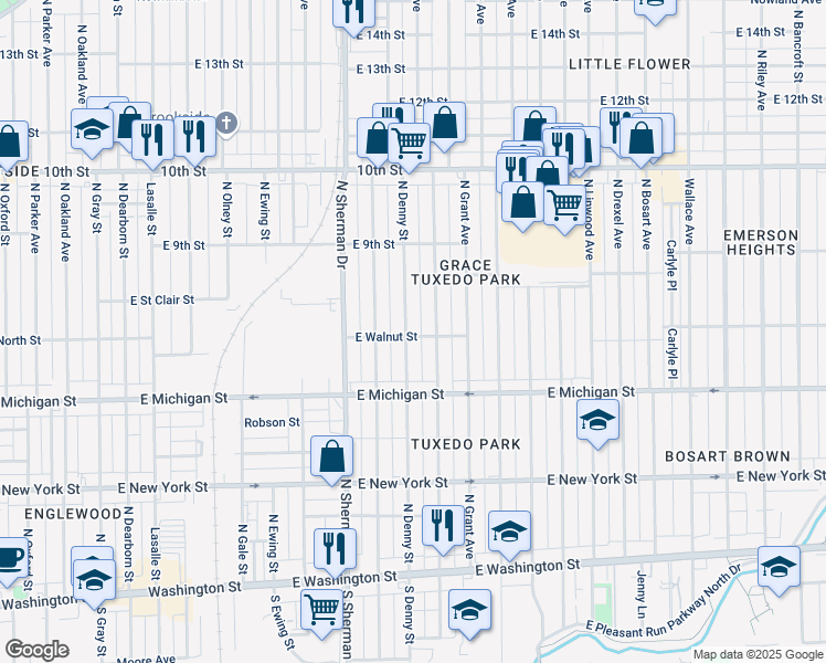 map of restaurants, bars, coffee shops, grocery stores, and more near 716 North Denny Street in Indianapolis