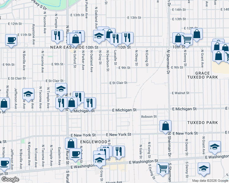 map of restaurants, bars, coffee shops, grocery stores, and more near 627 North Dearborn Street in Indianapolis