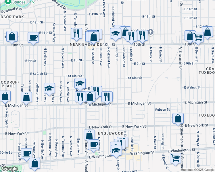 map of restaurants, bars, coffee shops, grocery stores, and more near 624 North Oakland Avenue in Indianapolis