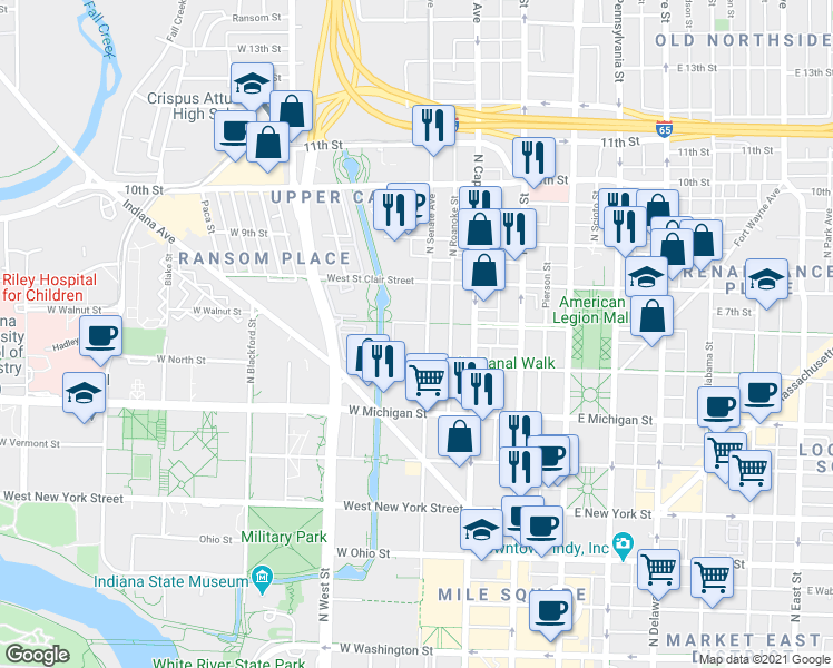 map of restaurants, bars, coffee shops, grocery stores, and more near 701 North Senate Avenue in Indianapolis