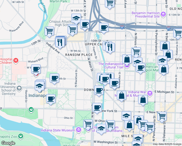 map of restaurants, bars, coffee shops, grocery stores, and more near 706 Doctor Martin Luther King Junior Street in Indianapolis