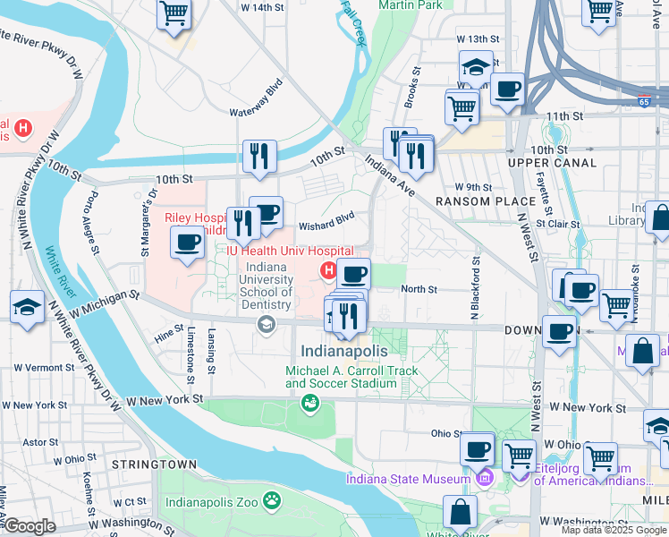 map of restaurants, bars, coffee shops, grocery stores, and more near in Indianapolis